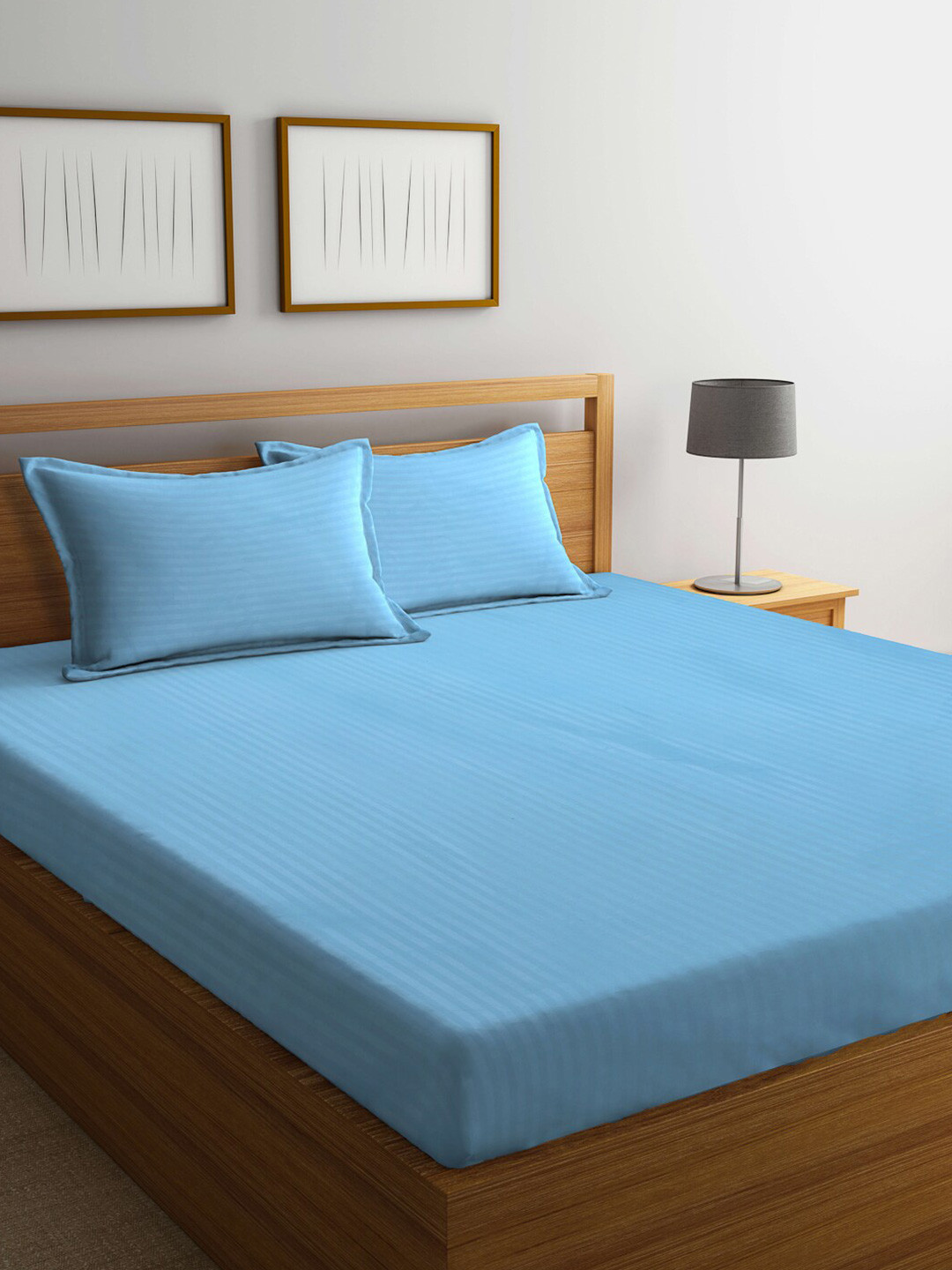 

FABINALIV Blue Striped Print 300 TC Super King Size Bedsheet & 2 Pillow Covers