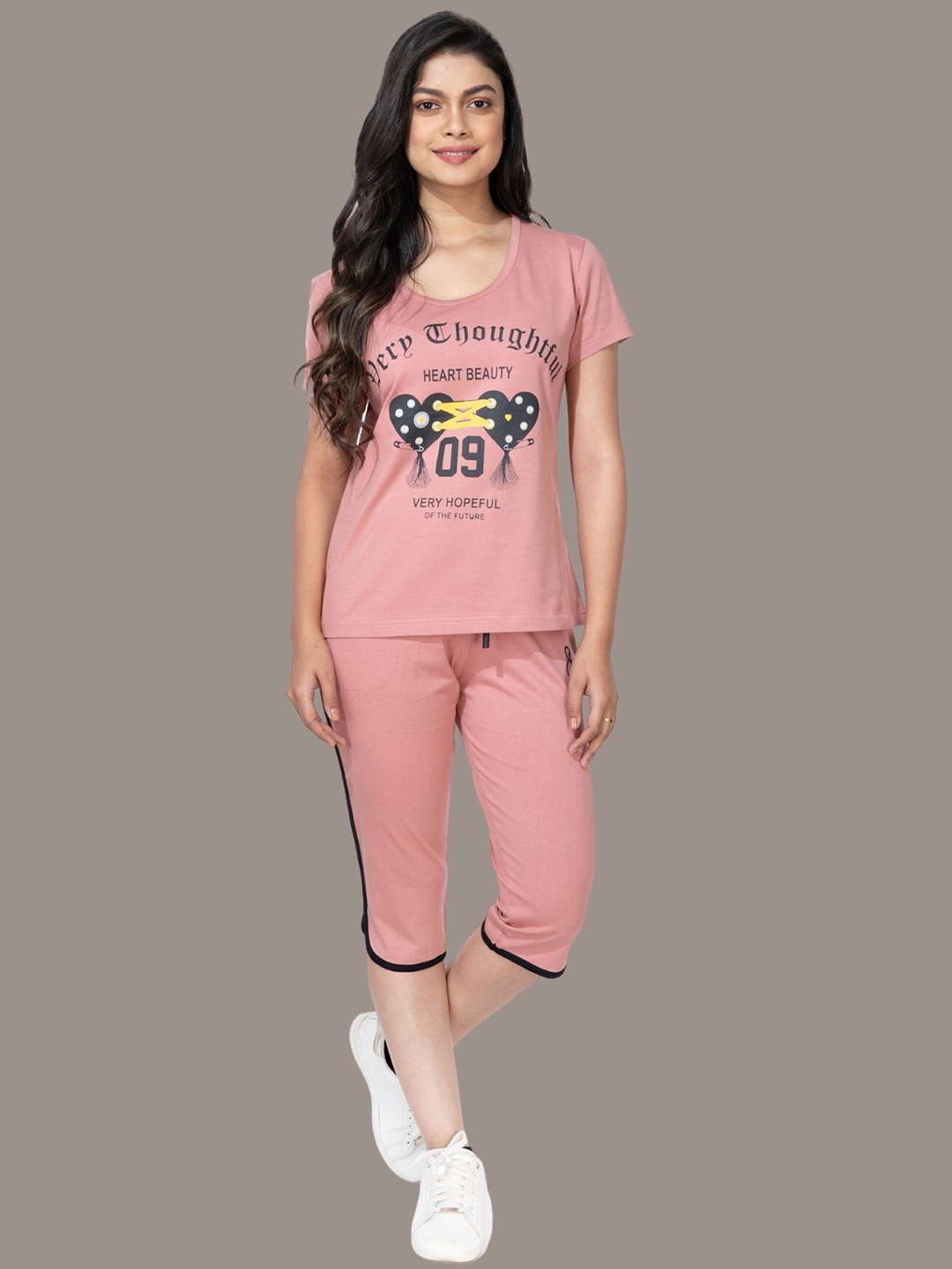 

StyleAOne Printed Pure Cotton T-Shirt With Capris Co-Ords, Pink