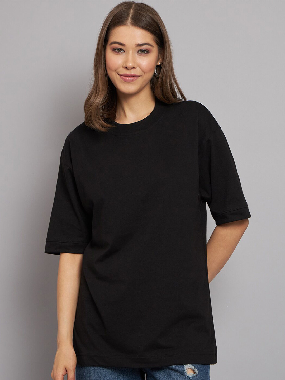 

Imsa Moda Drop Shoulder Sleeves Cotton Oversized Longline T-shirt, Black