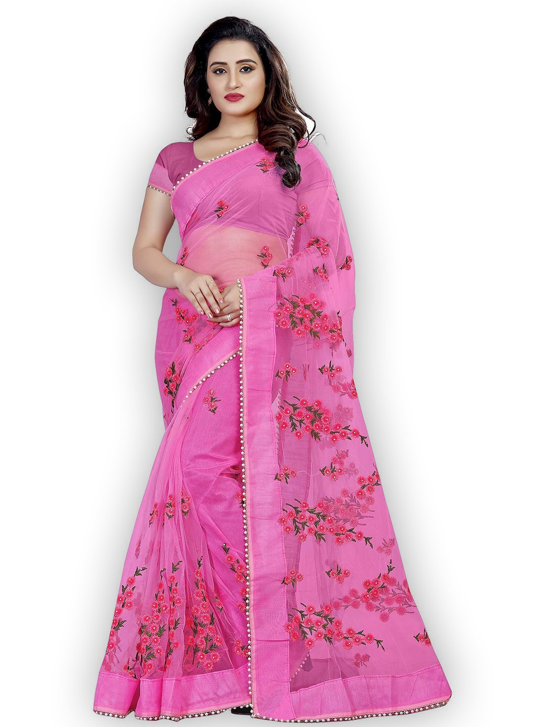 

Nityanta Fab Floral Embroidered Net Ikat Saree, Pink