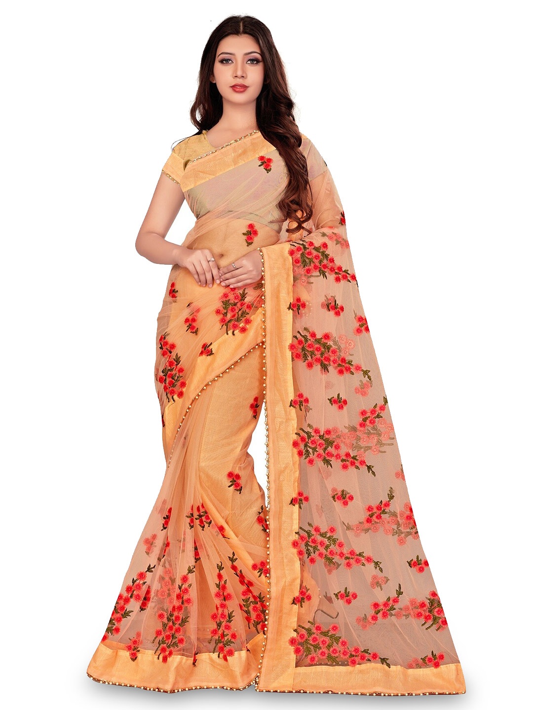 

Nityanta Fab Floral Embroidered Net Ikat Saree, Peach