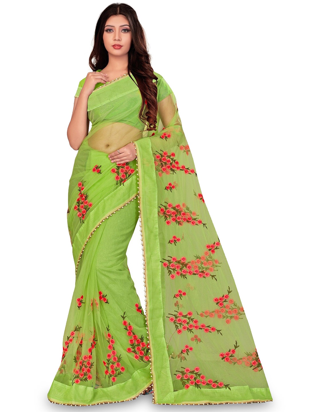 

Nityanta Fab Floral Embroidered Net Ikat Saree, Green