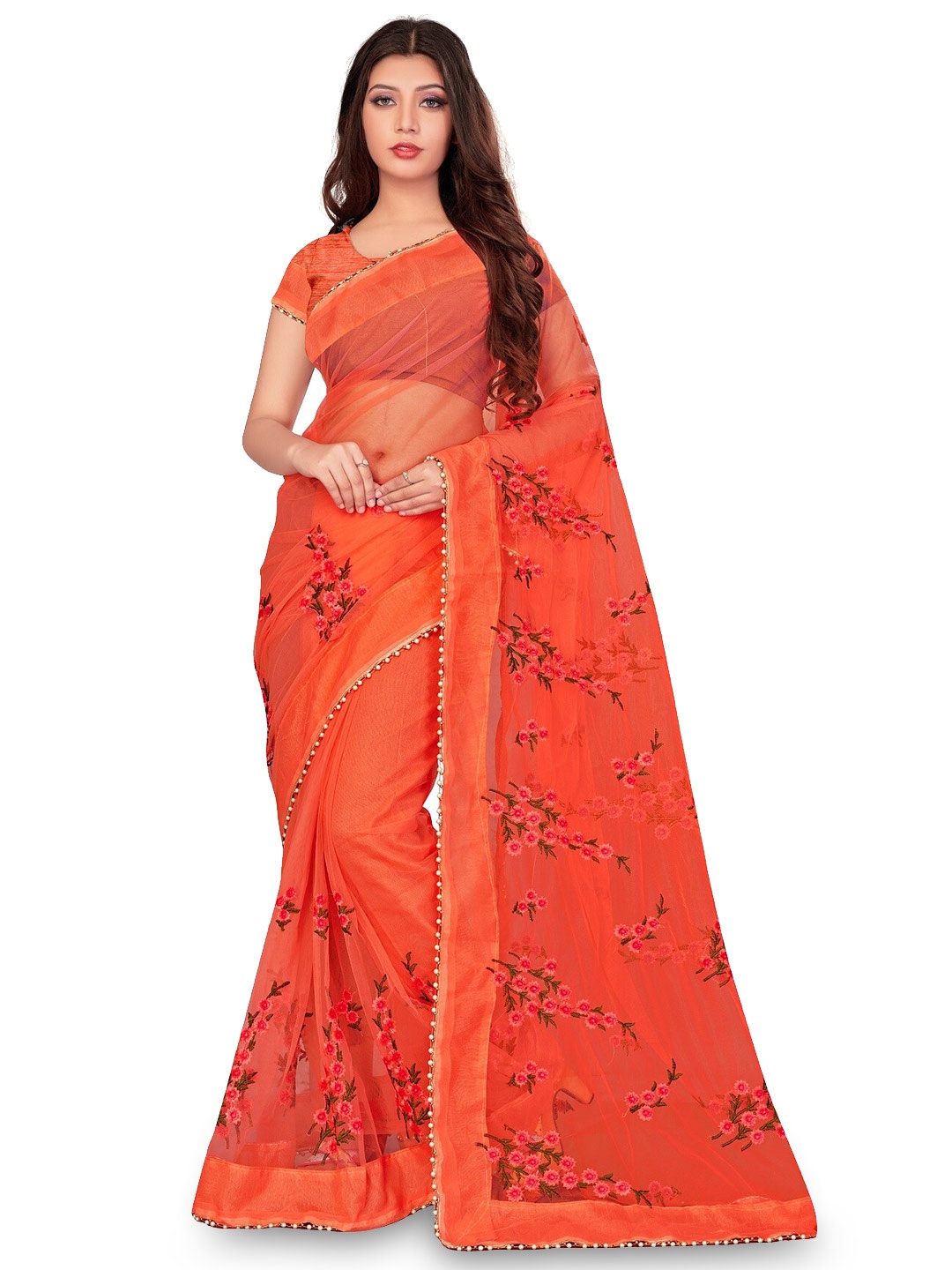 

Nityanta Fab Floral Printed Beads And Stones Net Saree, Red