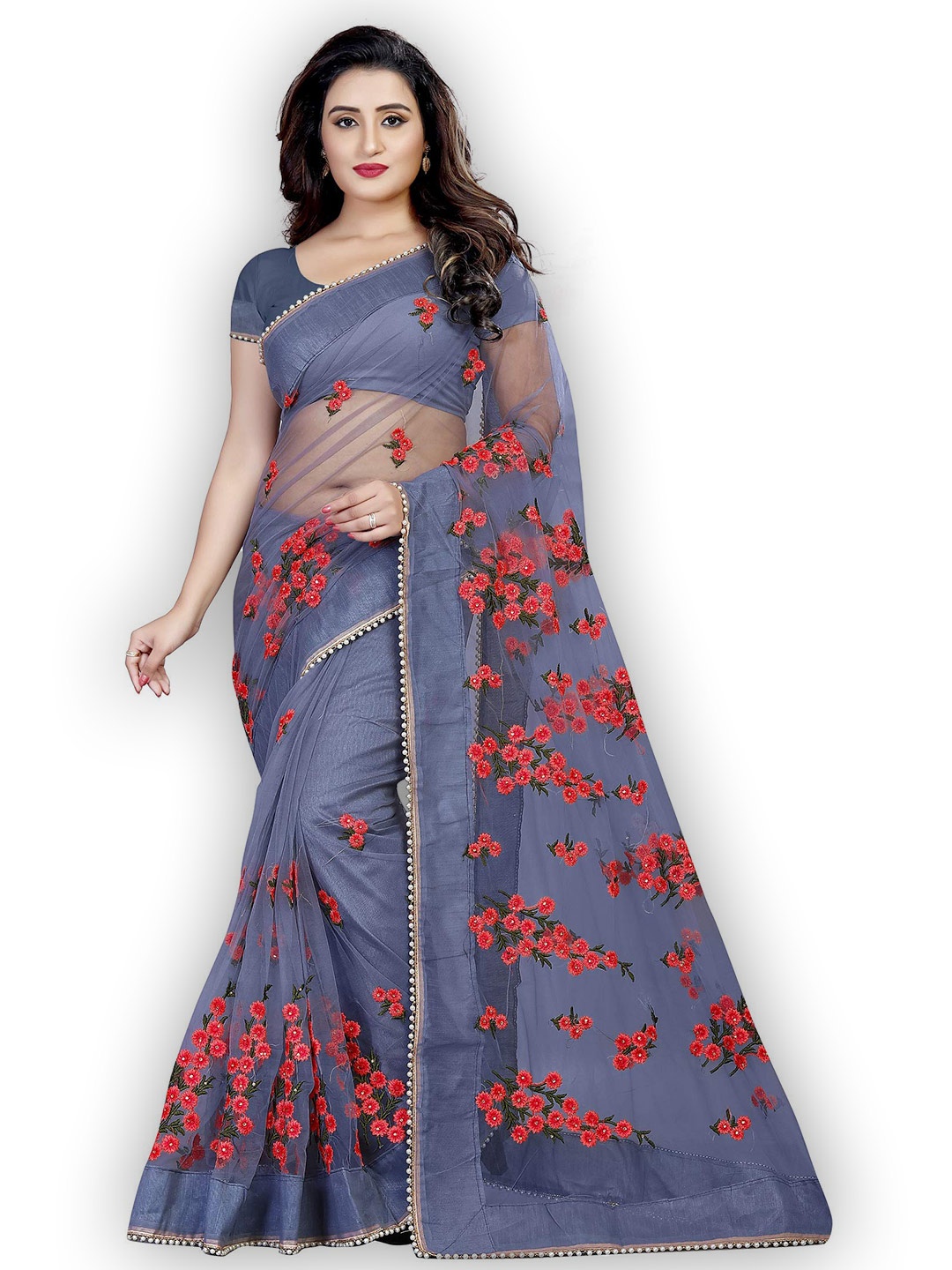 

Nityanta Fab Floral Embroidered Beads And Stones Net Saree, Grey