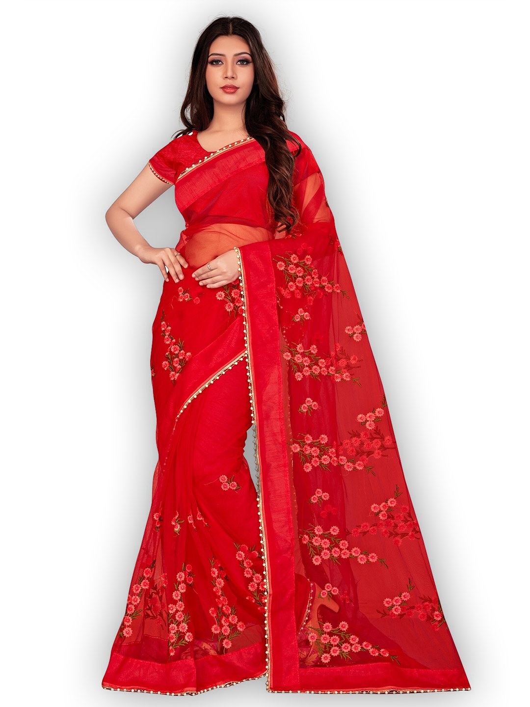 

Nityanta Fab Floral Embroidered Beads & Stones Net Saree, Red
