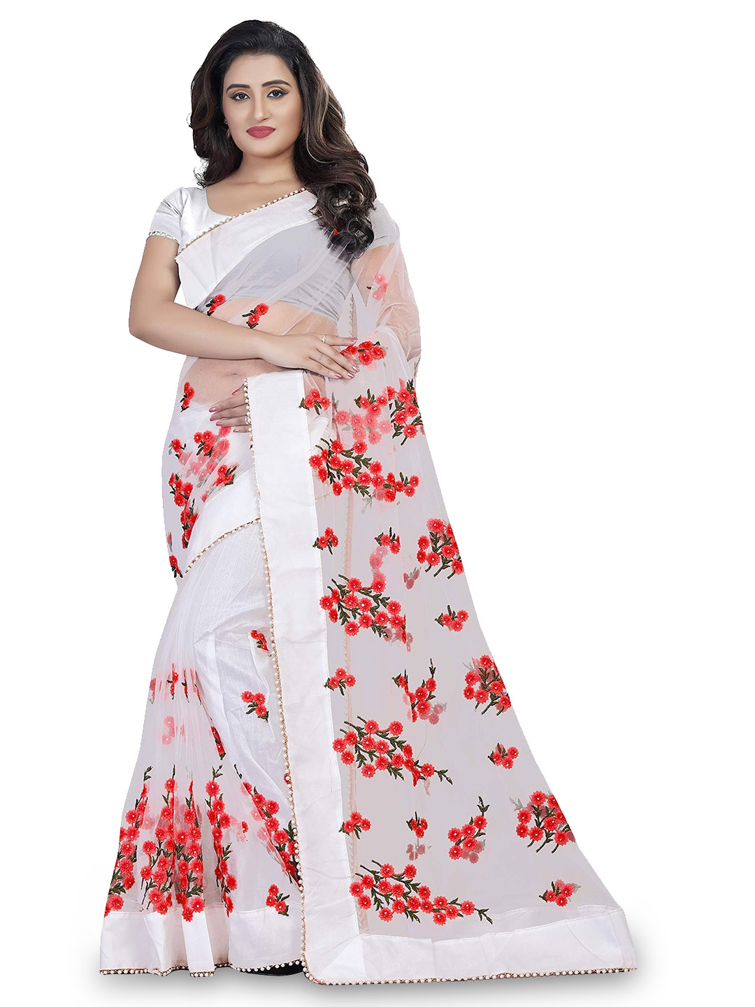 

Nityanta Fab Floral Embroidered Beads And Stones Net Saree, White