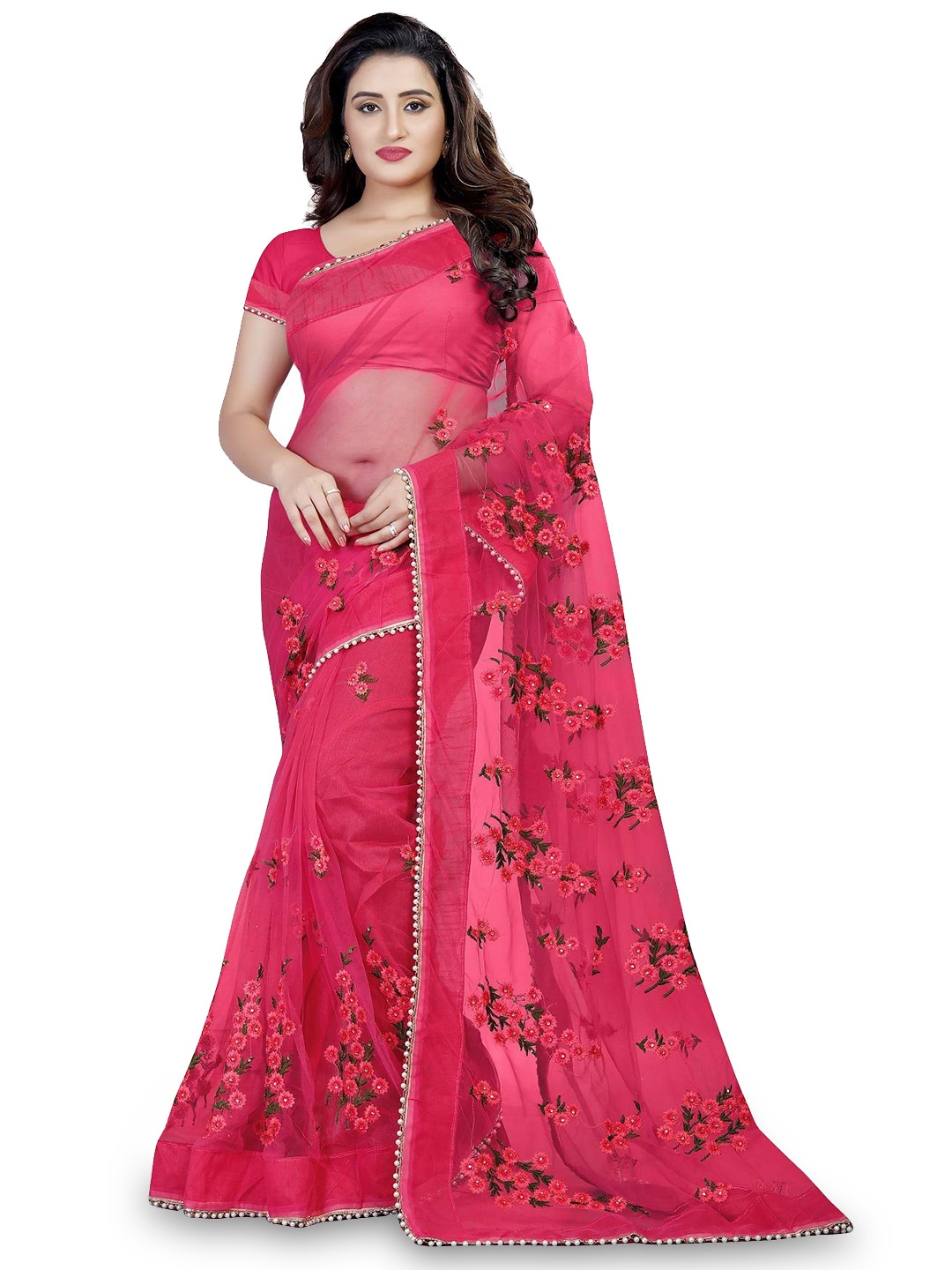 

Nityanta Fab Floral Embroidered Beads & Stones Net Saree, Pink