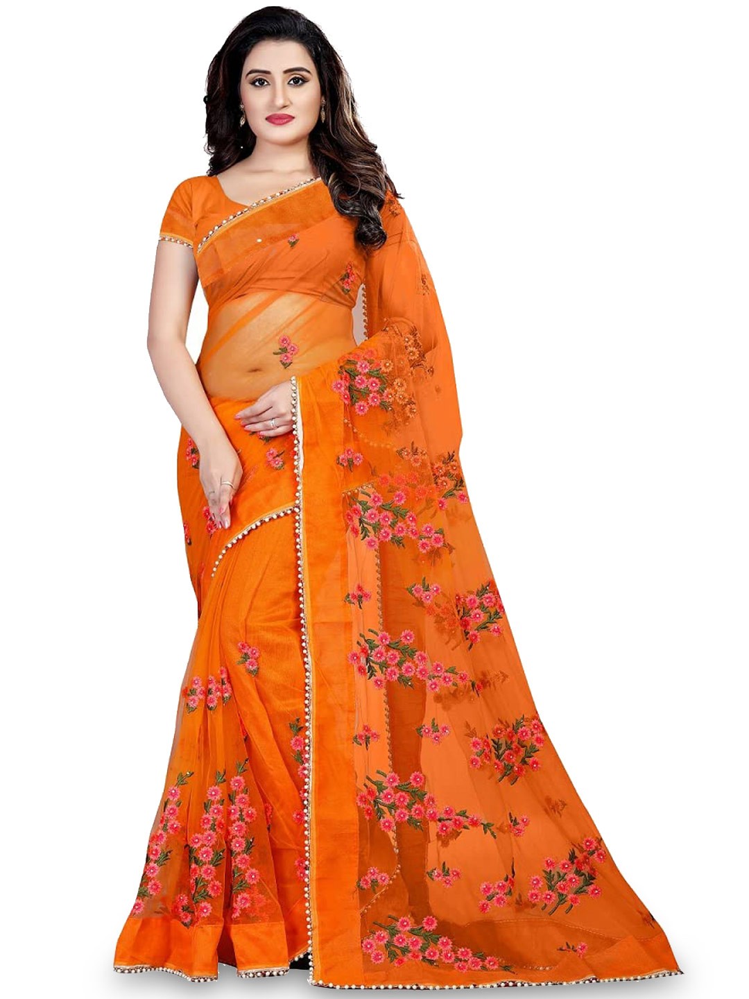 

Nityanta Fab Floral Embroidered Beads & Stones Net Saree, Orange