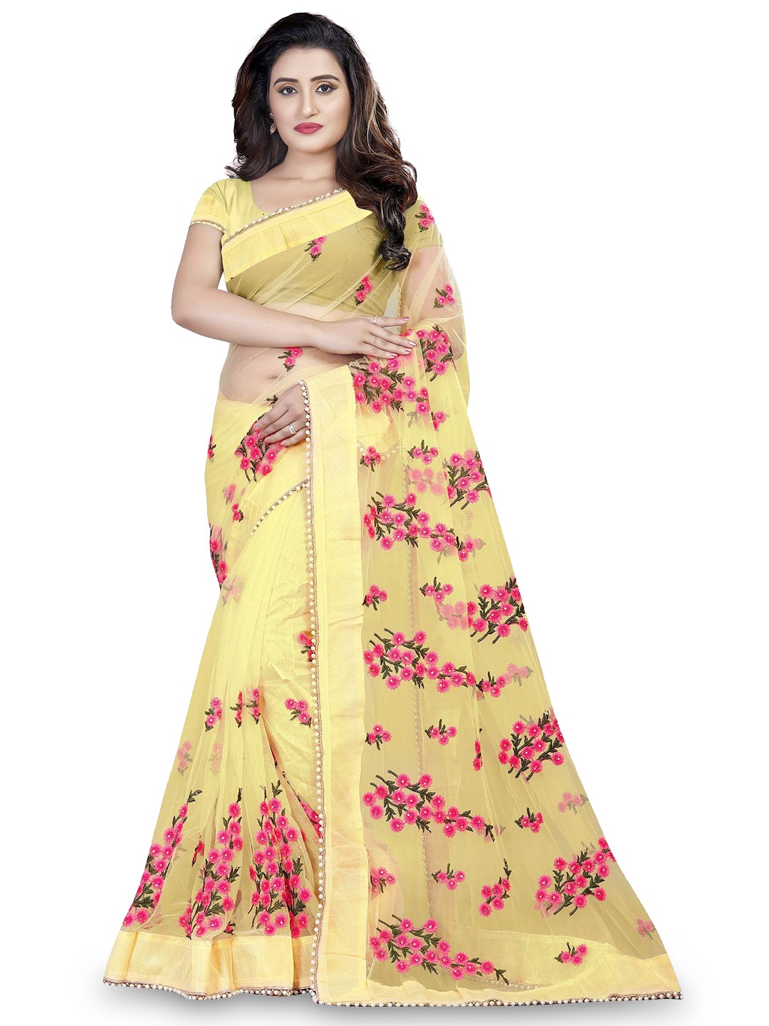 

Nityanta Fab Floral Embroidered Beads & Stones Net Saree, Yellow