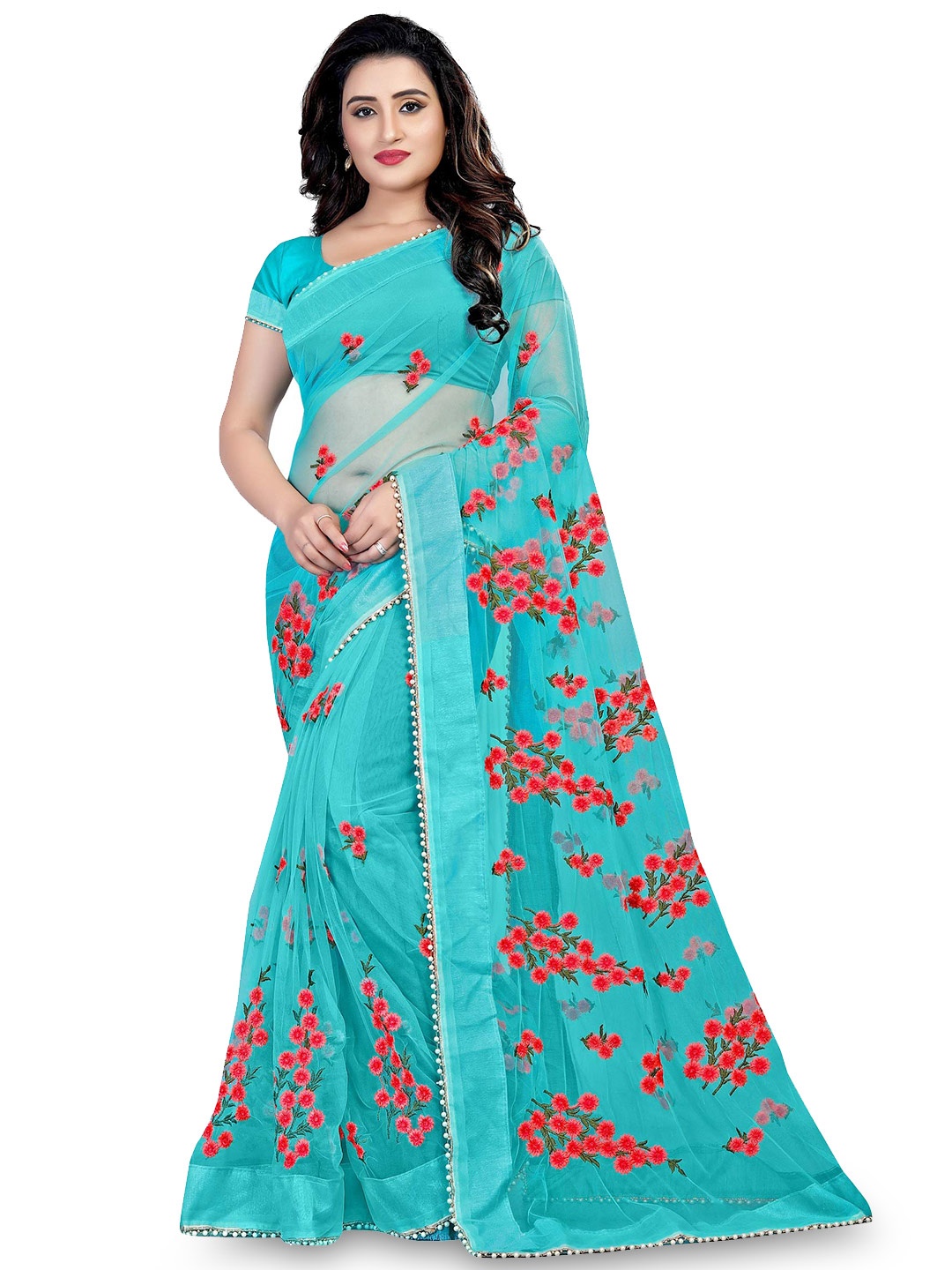 

Nityanta Fab Floral Embroidered Beads & Stones Net Saree, Turquoise blue