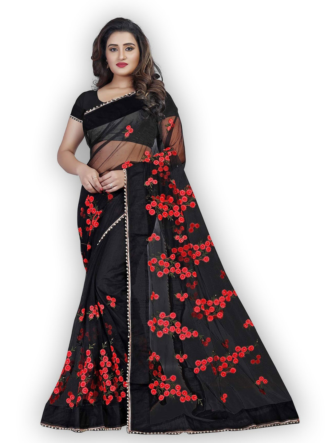 

Nityanta Fab Floral Embroidered Beads & Stones Net Saree, Black