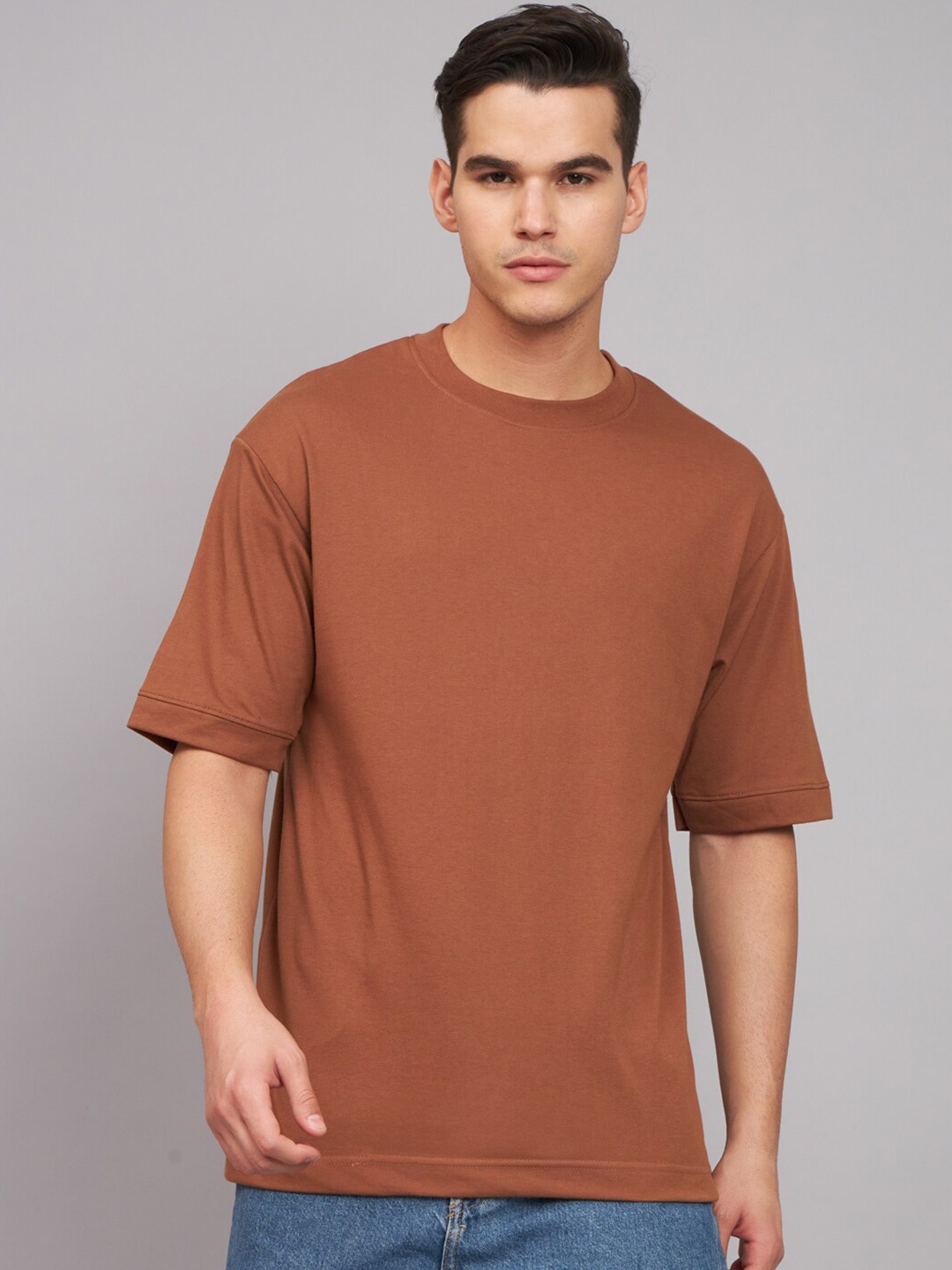 

Imsa Moda Round Neck Oversized Longline CottonT-shirt, Brown