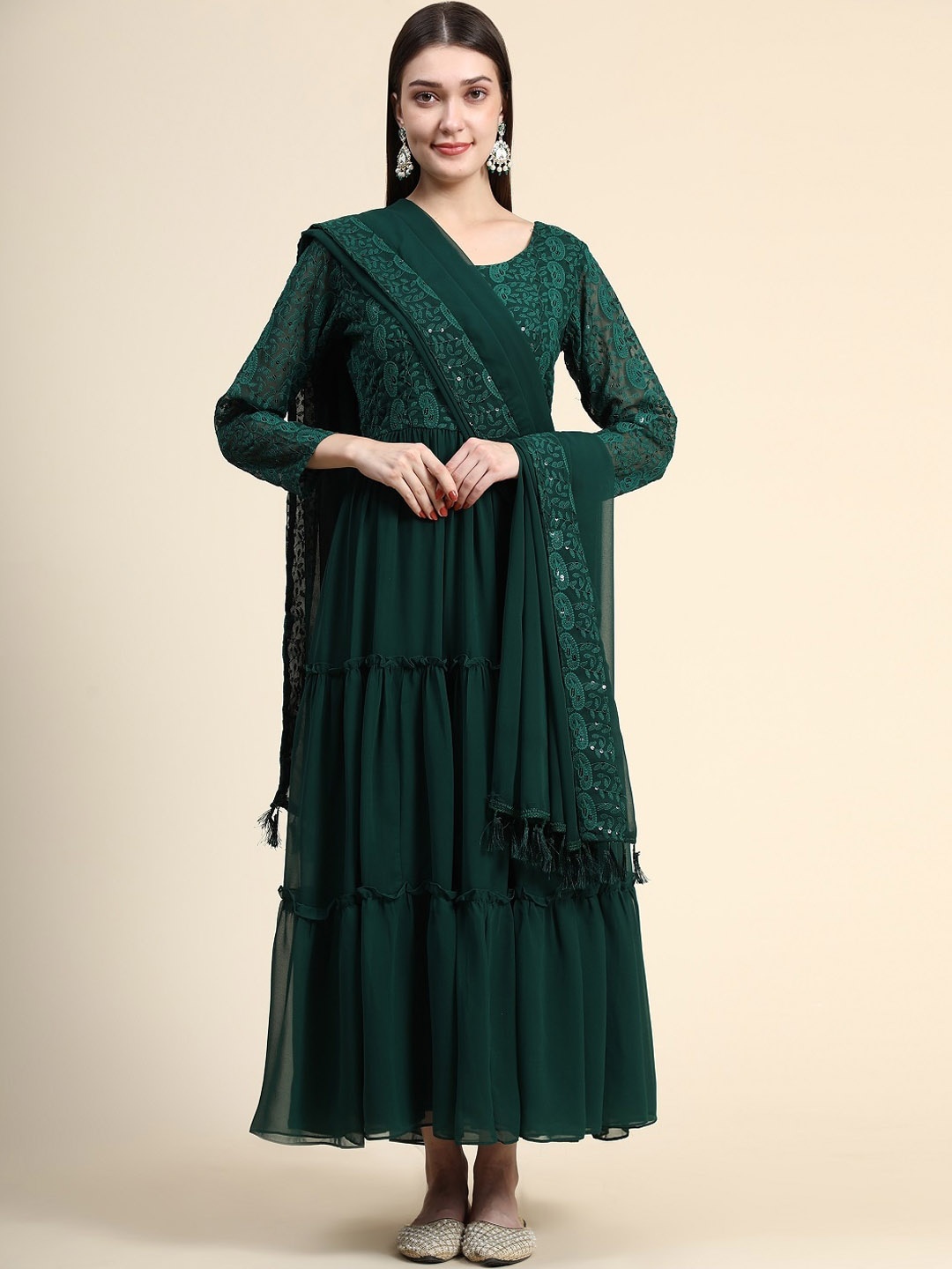 

KALINI Chikankari Embroidered Georgette Anarkali Kurta, Green