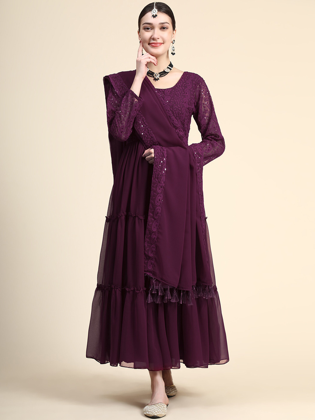 

KALINI Chikankari Embroidered Georgette Anarkali Kurta, Burgundy
