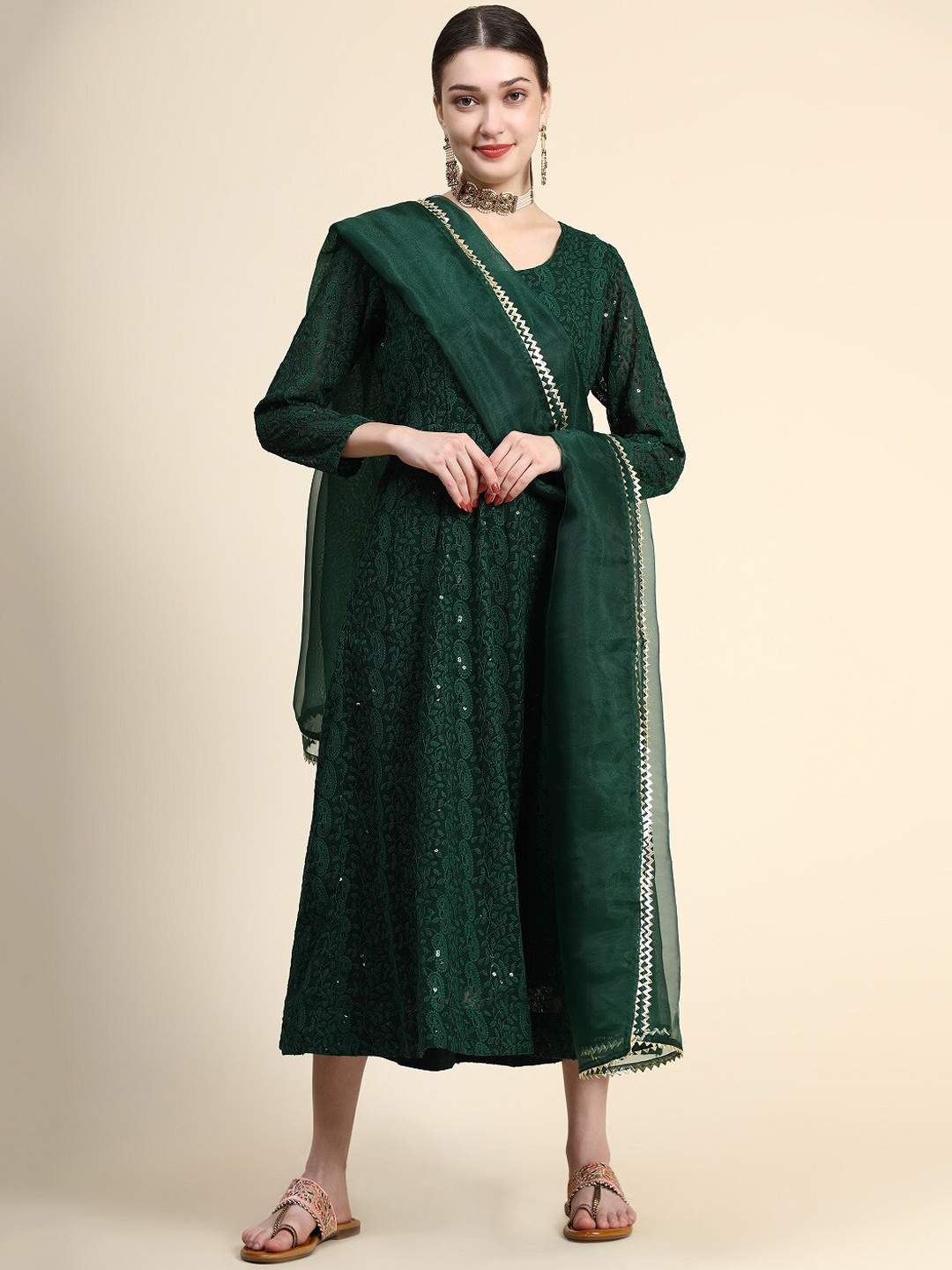 

KALINI Chikankari Embroidered Georgette Anarkali Kurta, Green