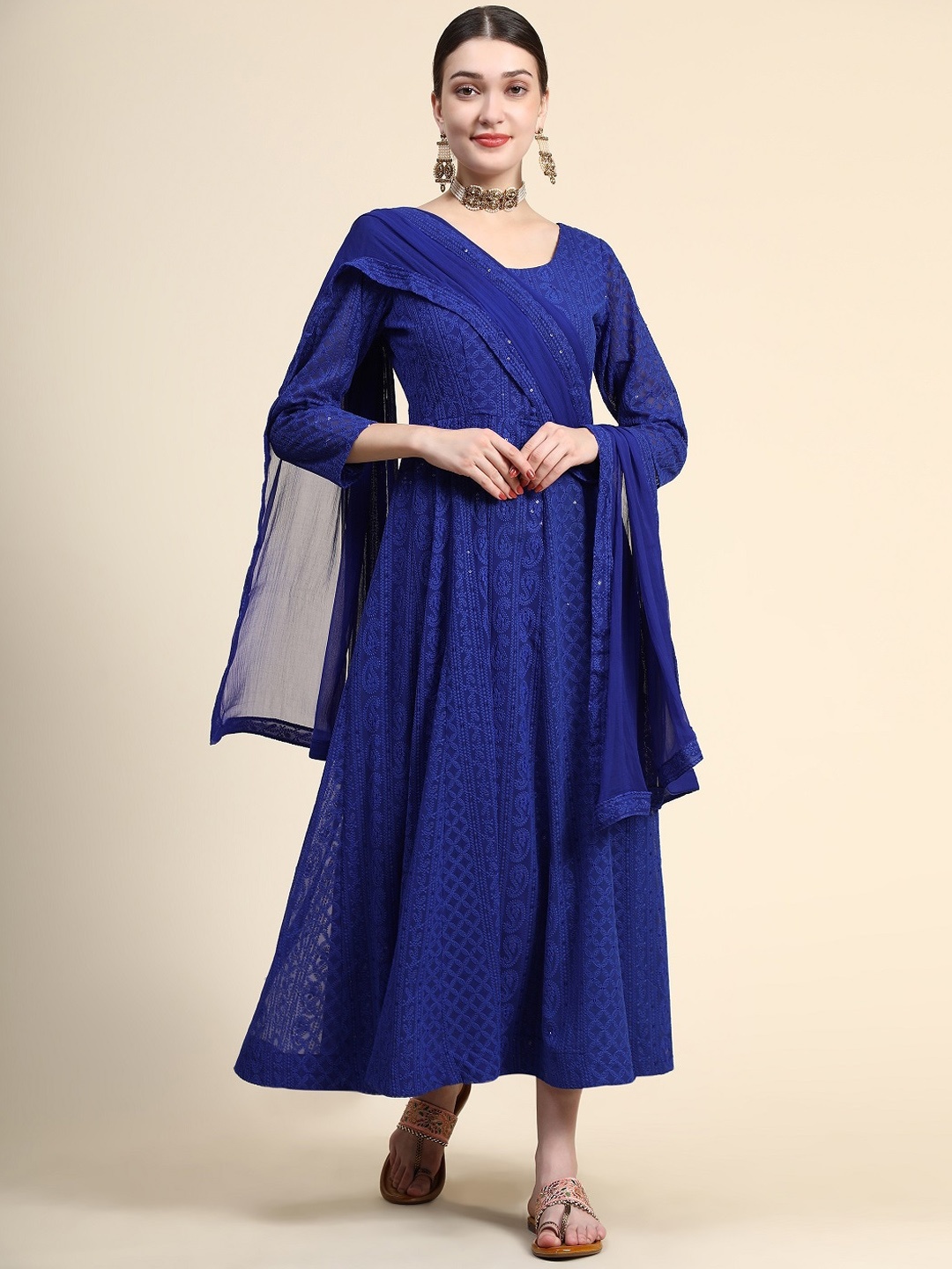 

KALINI Sequinned Embroidered Chikankari Georgette Ethnic Maxi Dress With Dupatta, Blue