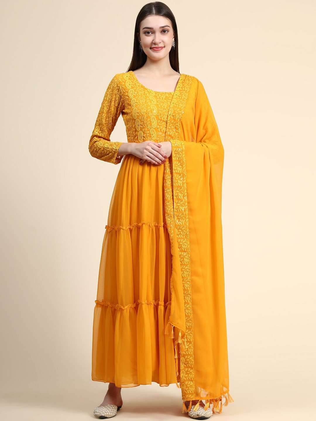 

KALINI Ethnic Motifs Embroidered Sequinned Tiered Ethnic Dress Wirh Dupatta, Yellow