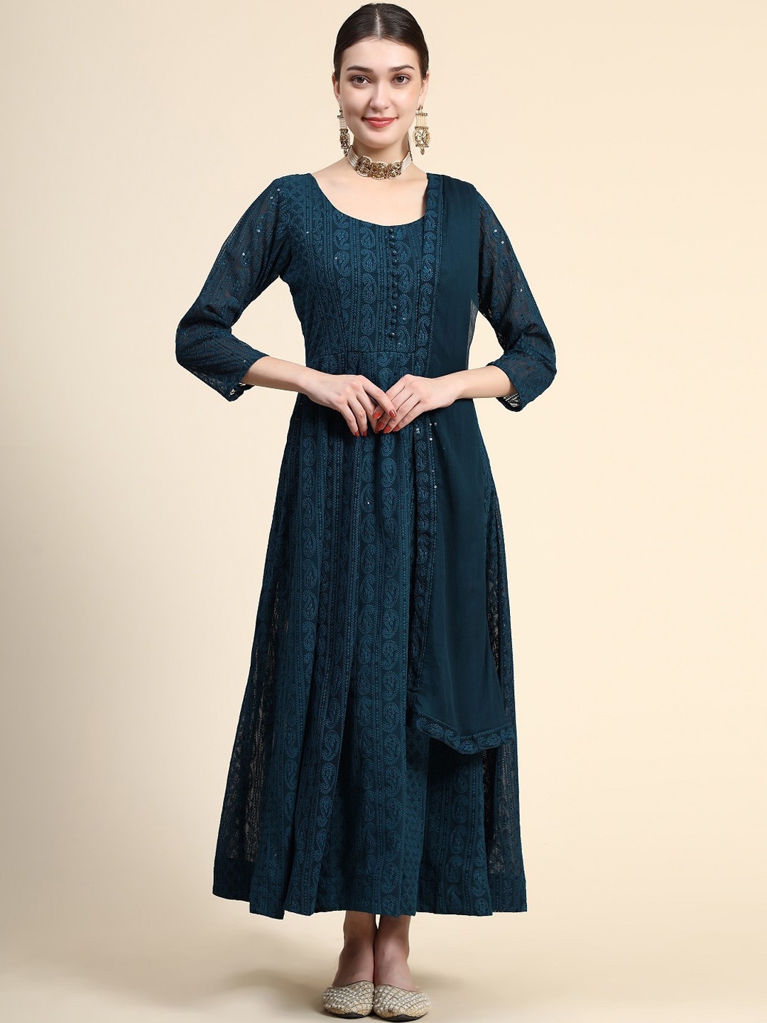 KALINI Ethnic Motifs Embroidered Sequinned Ethnic Dress Wirh Dupatta, Teal