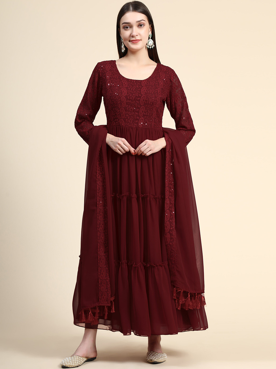 

KALINI Ethnic Motifs Embroidered Sequinned Tiered Ethnic Dress Wirh Dupatta, Maroon