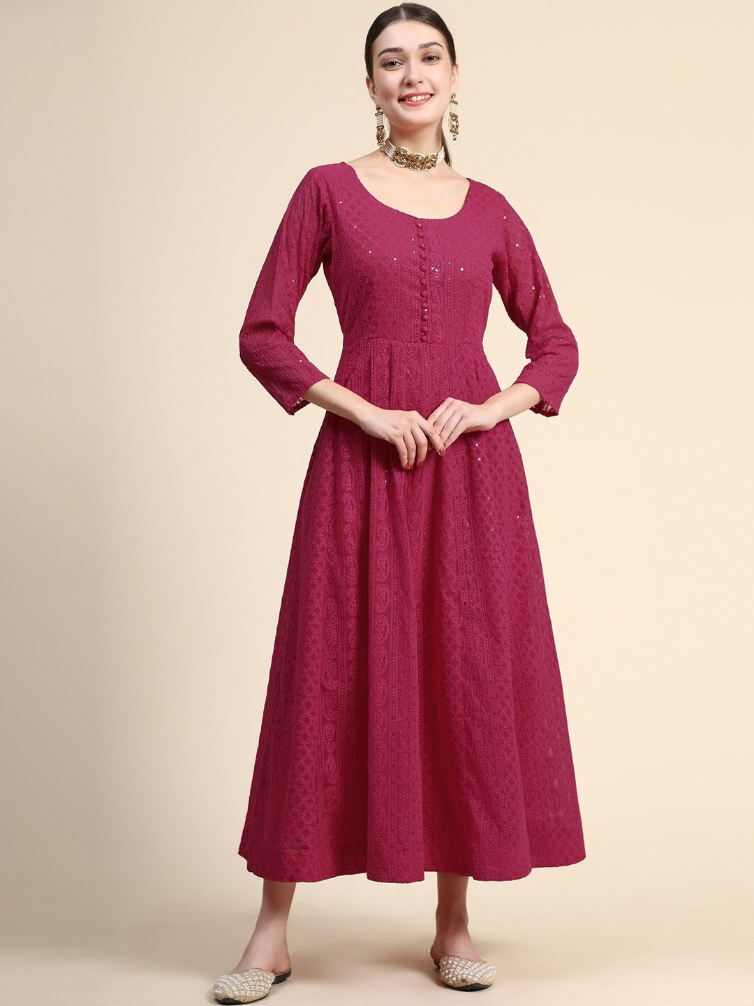 KALINI Ethnic Motifs Embroidered Sequinned Ethnic Dress Wirh Dupatta, Pink