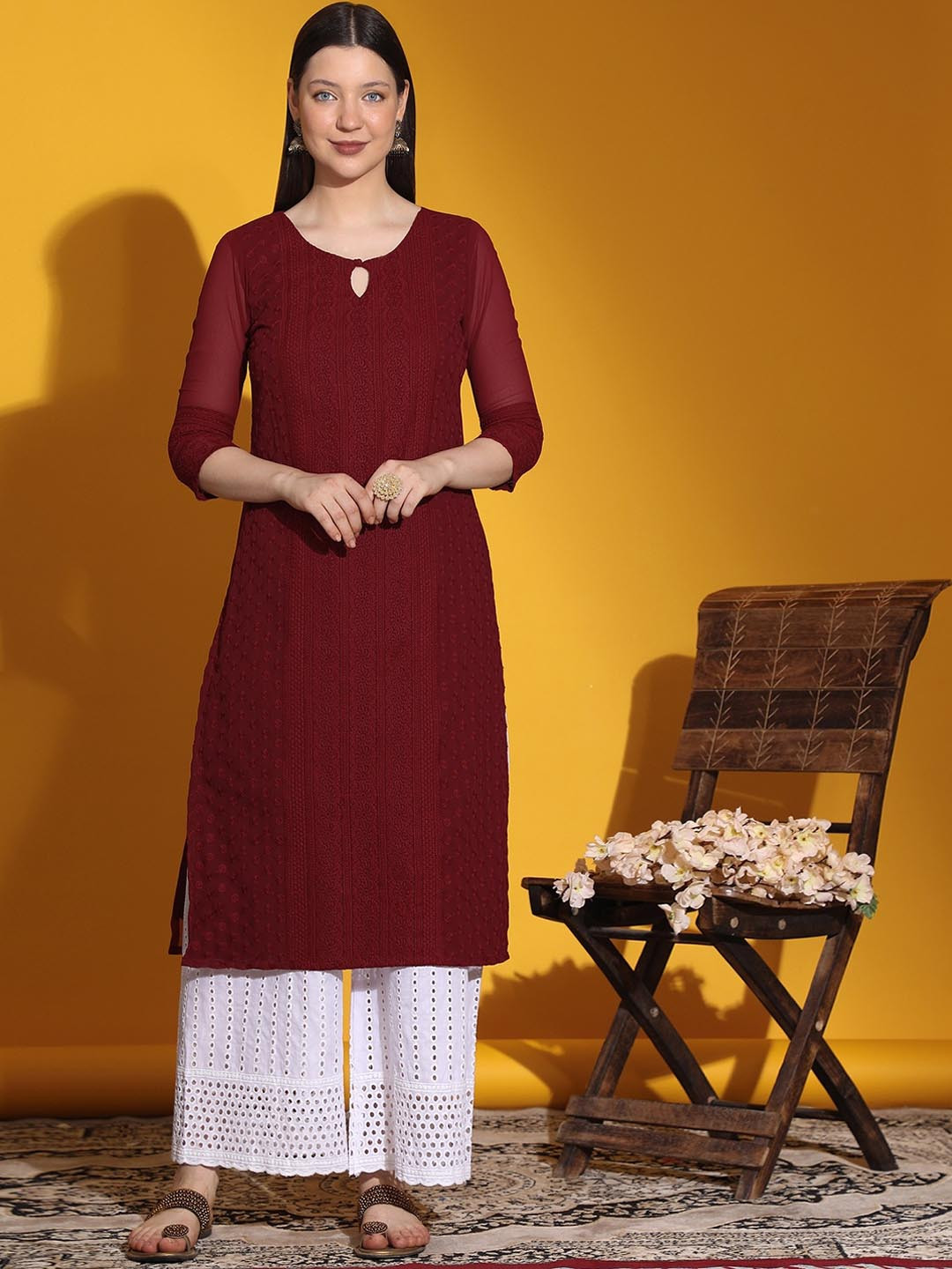 

KALINI Ethnic Motifs Embroidered Keyhole Neck Chikankari Georgette Kurta, Maroon