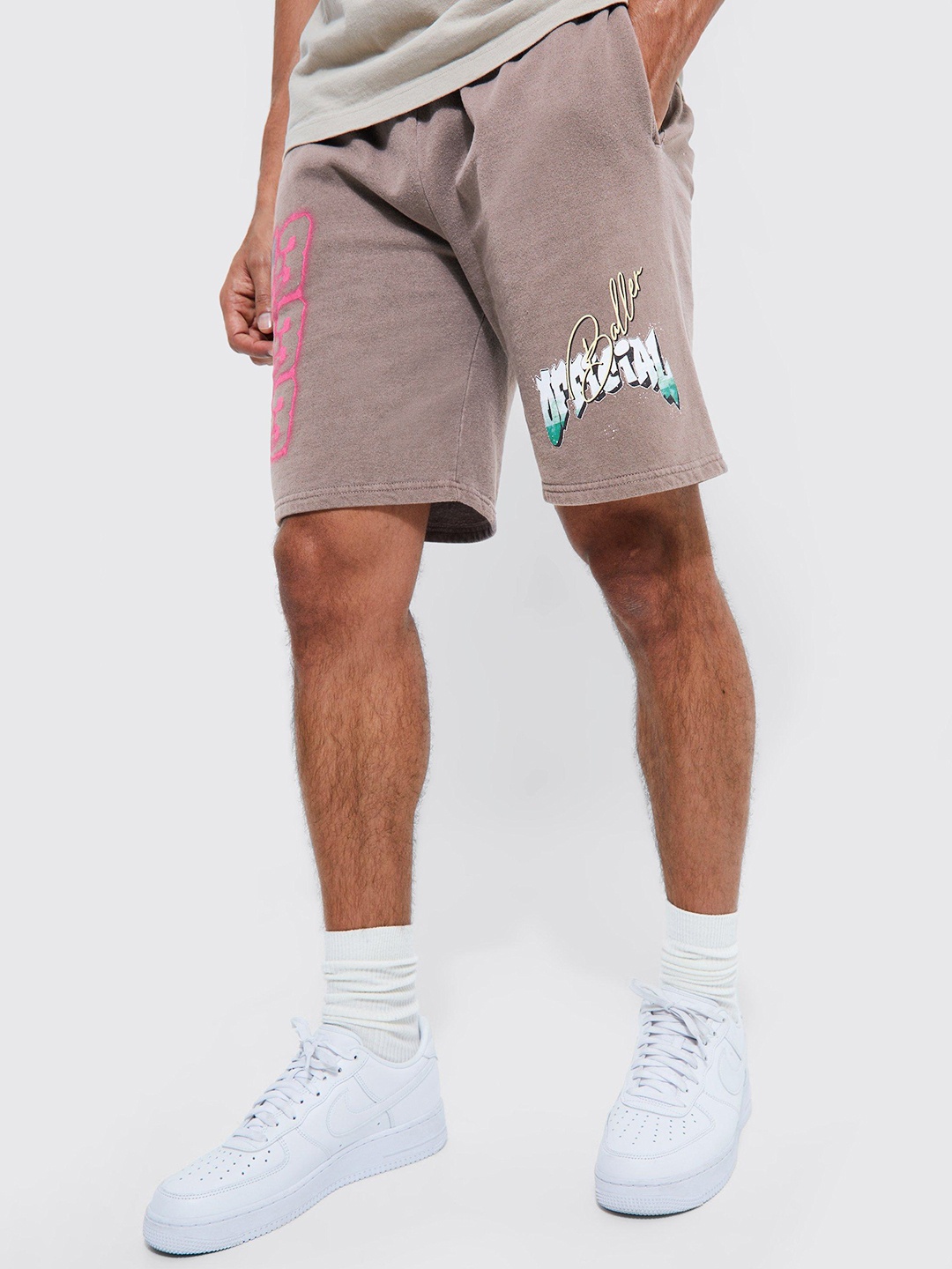 

boohooMAN Printed Shorts, Mauve