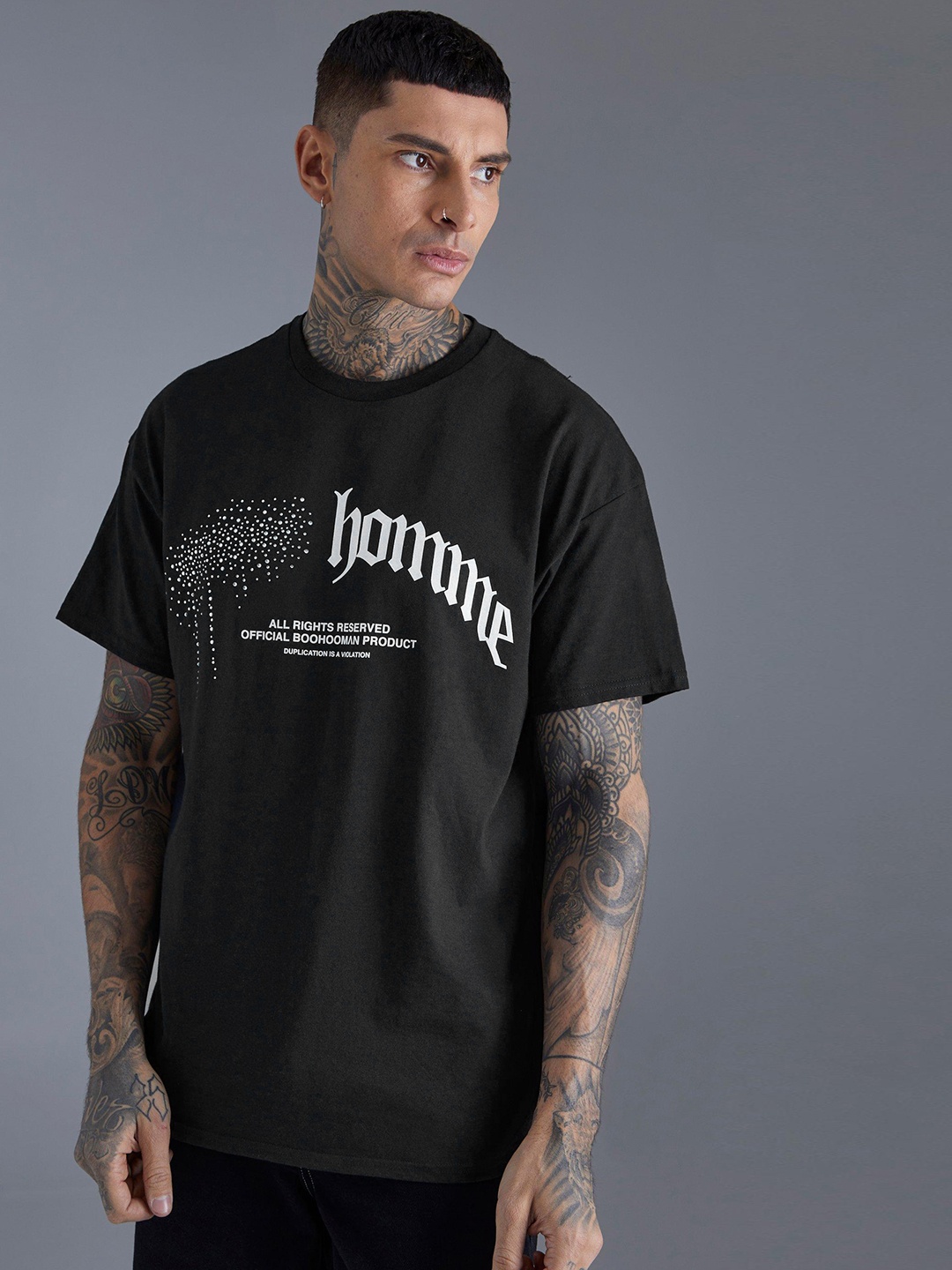 

boohooMAN Printed Pure Cotton Oversized T-shirt, Black