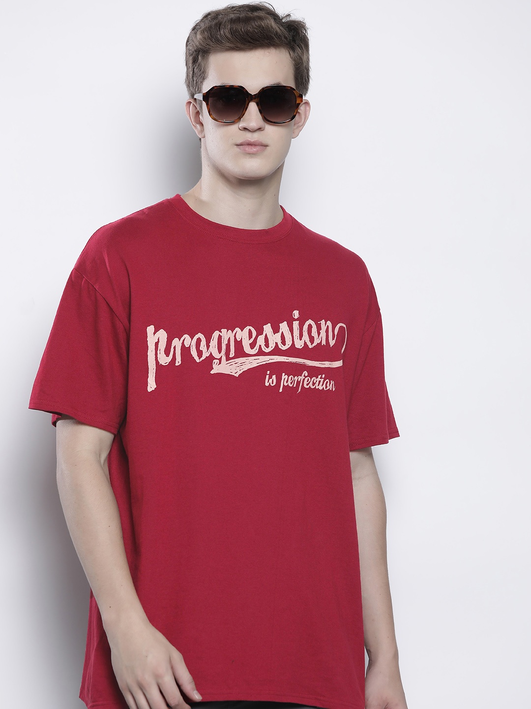 

boohooMAN Progression Printed Drop-Shoulder Sleeves Pure Cotton Oversized T-shirt, Maroon