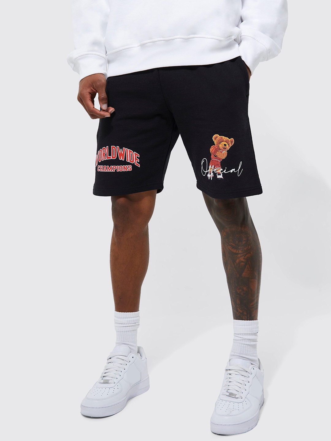 

boohooMAN Teddy Graphic Shorts, Black