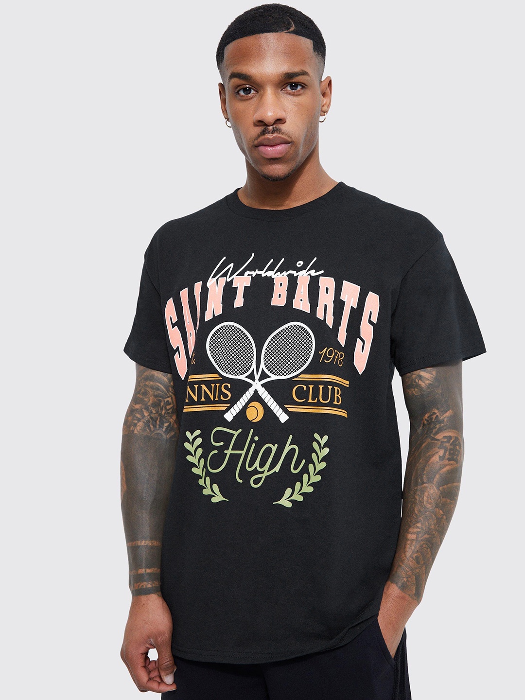 

boohooMAN Printed Pure Cotton T-shirt, Black