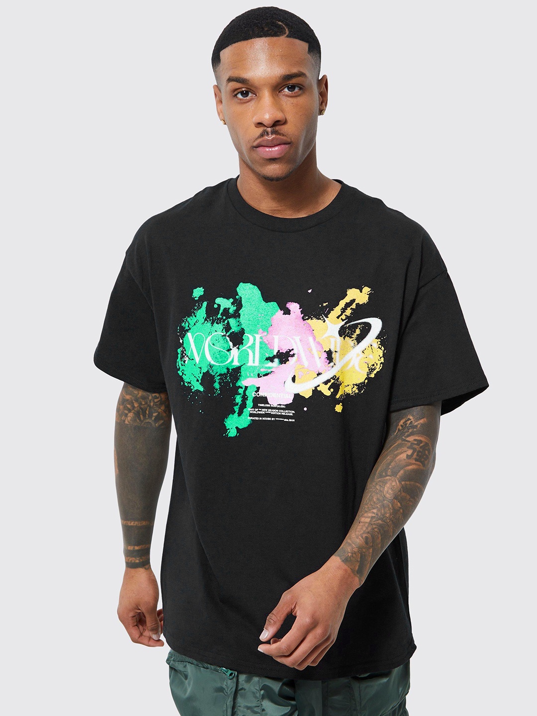 boohooMAN Pure Cotton Printed Drop-Shoulder Oversized T-shirt, Black