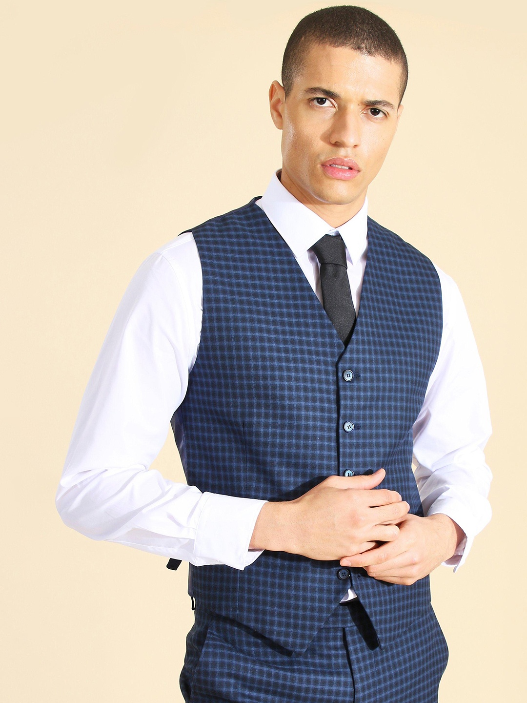 

boohooMAN Slim Fit Checked Formal Waistcoat, Navy blue