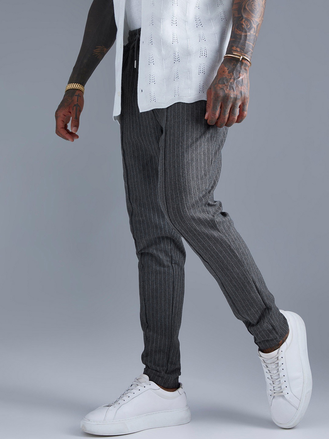 

boohooMAN Pinstripe Skinny Fit Trousers, Grey