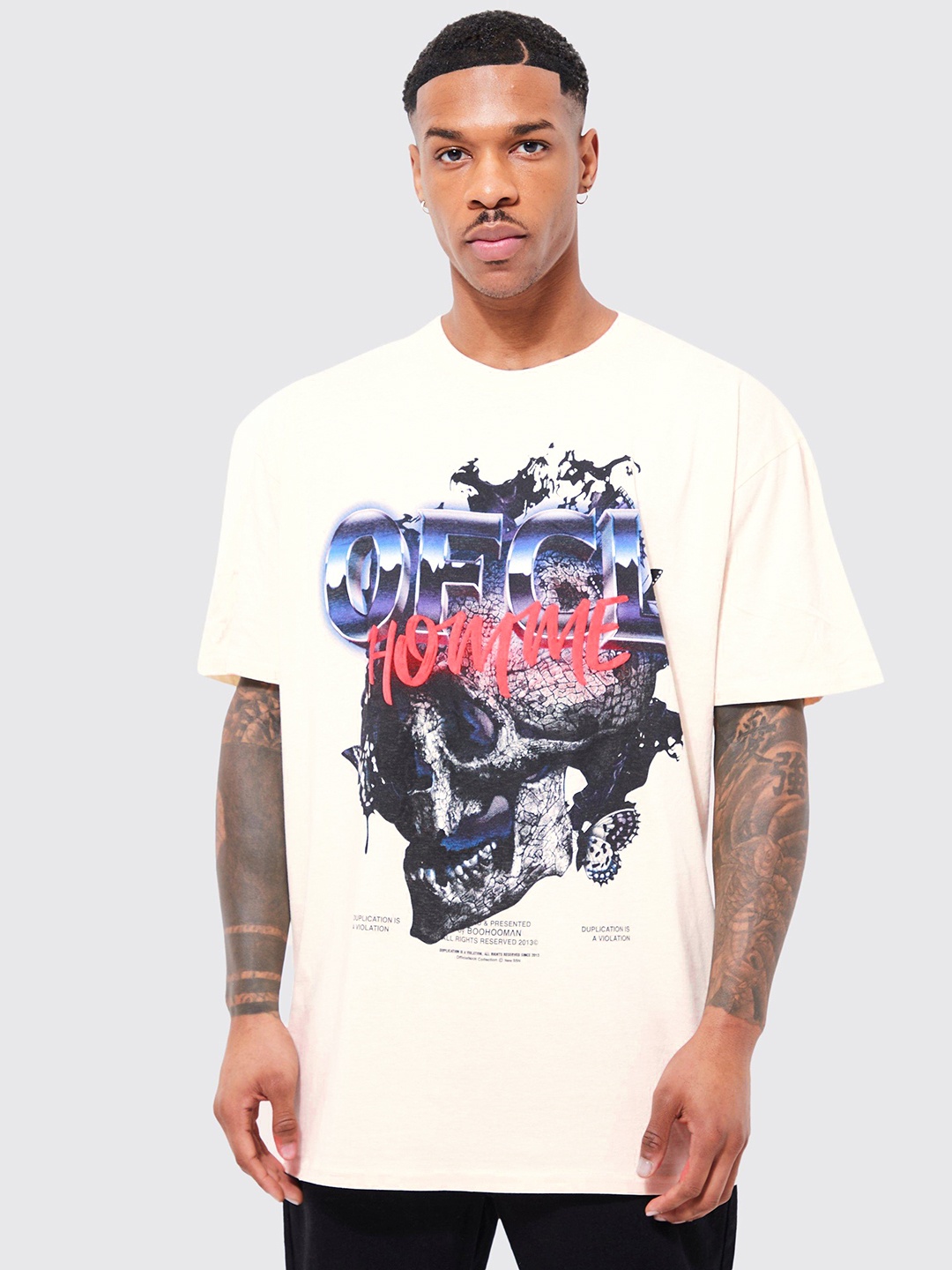 

boohooMAN Conversational Print Pure Cotton Oversized T-shirt, Cream