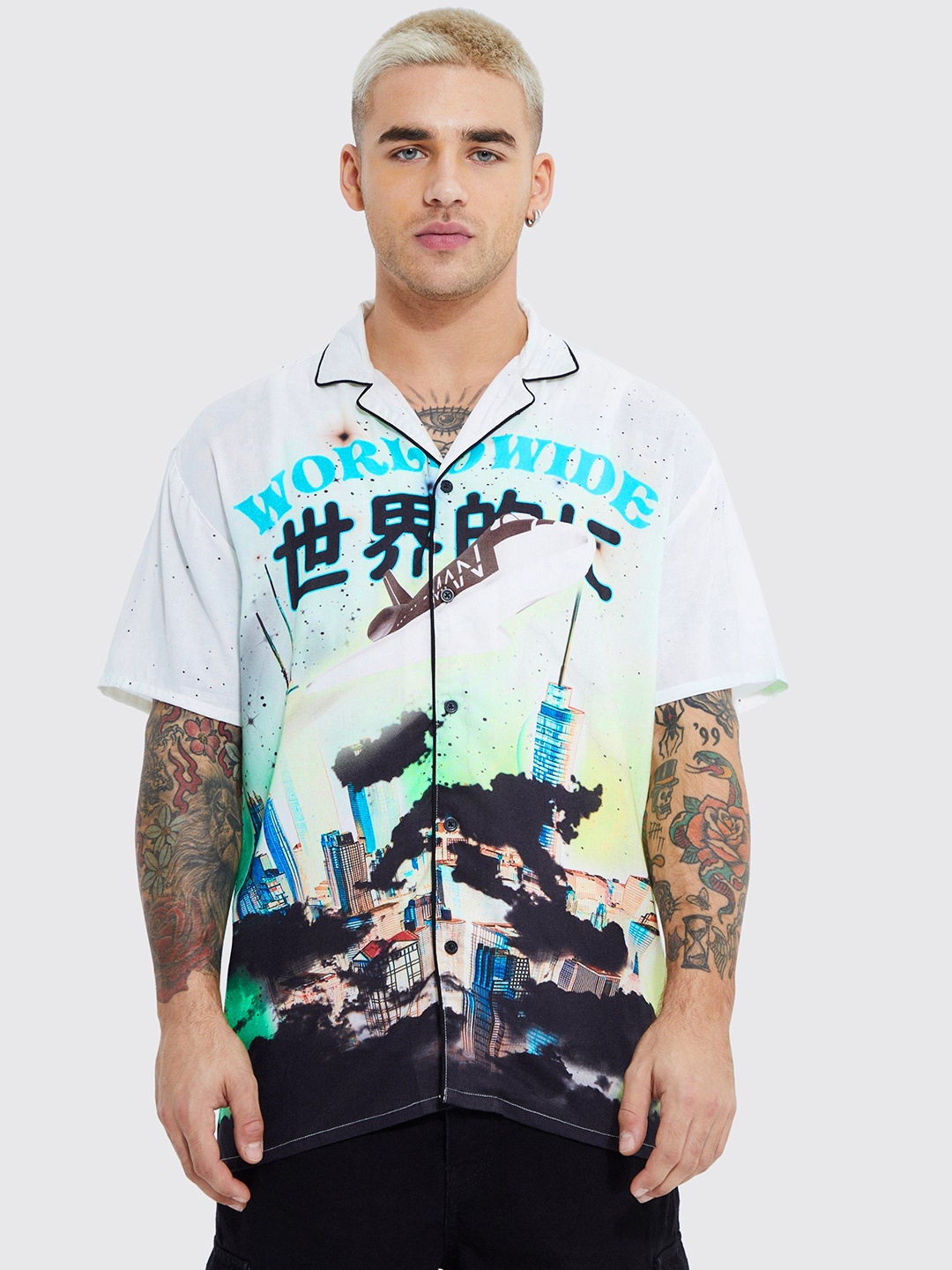 

boohooMAN Opaque Printed Oversized Shirt, Off white