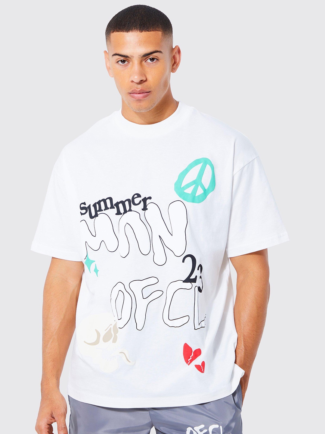 

boohooMAN Typography Printed Pure Cotton Oversized T-shirt, White