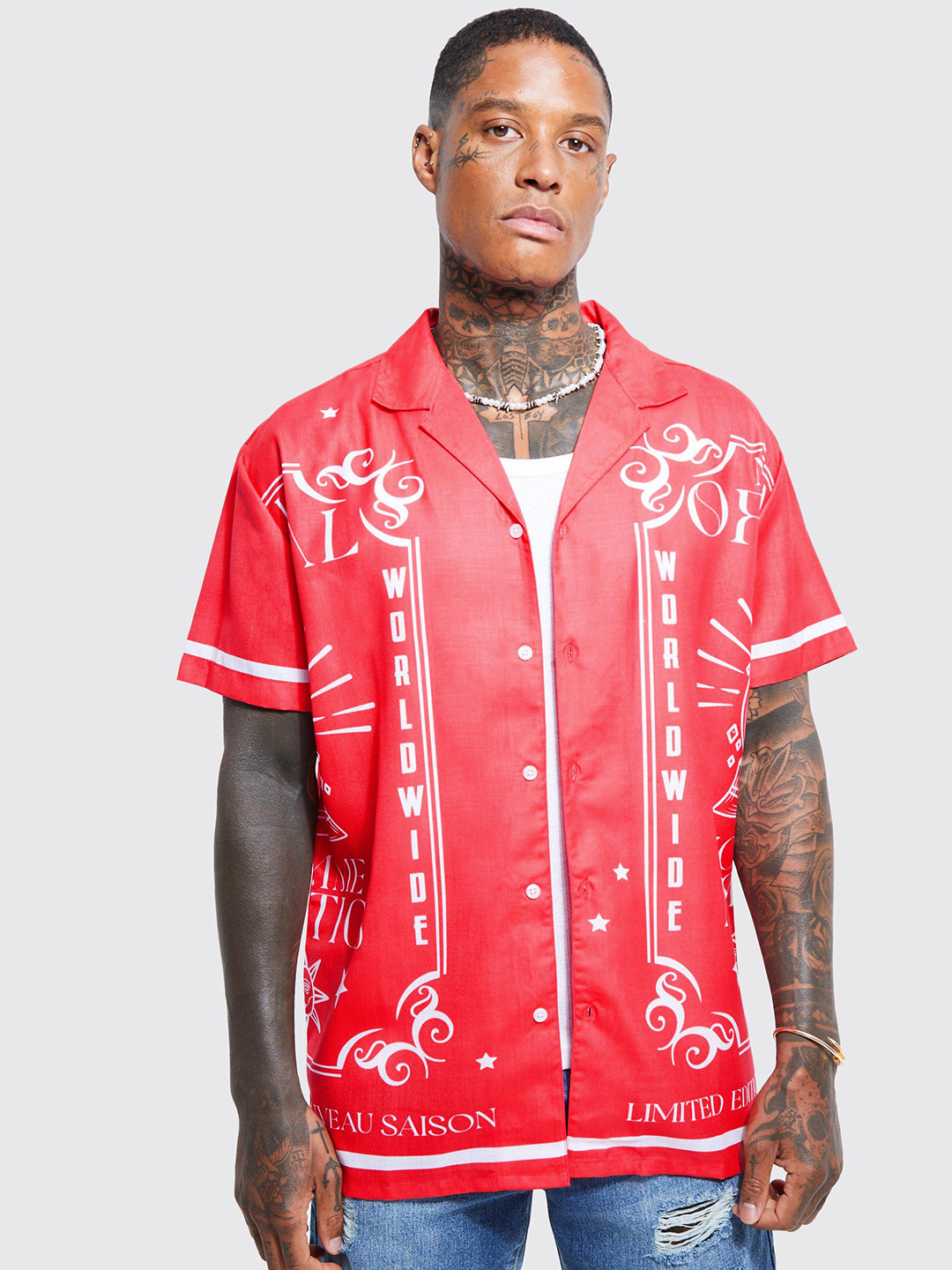 

boohooMAN Printed Oversized Casual Shirt, Coral