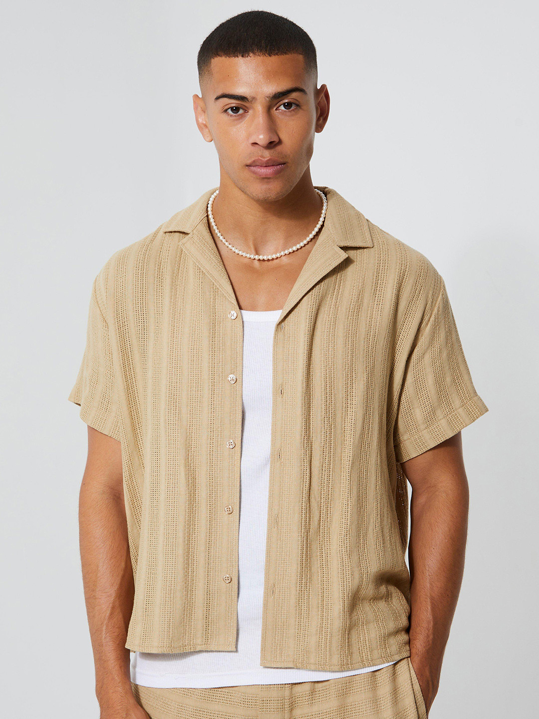 

boohooMAN Pure Cotton Self-Striped Cuban Collar Short Sleeves Boxy Shirt, Khaki