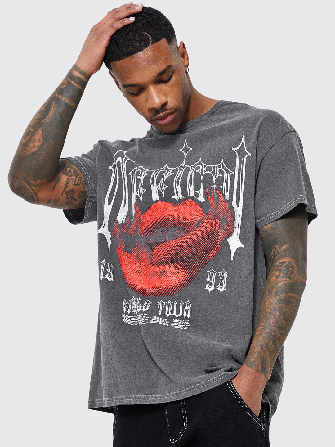 

boohooMAN Printed Drop-Shoulder Sleeves Pure Cotton Oversized T-shirt, Charcoal