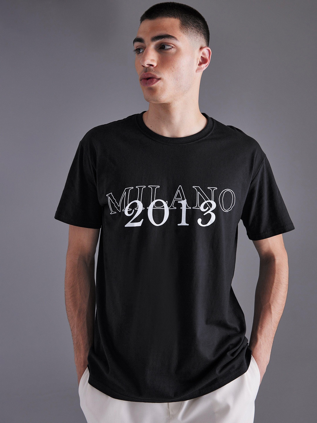 boohooMAN Typography Printed Pure Cotton T-shirt, Black