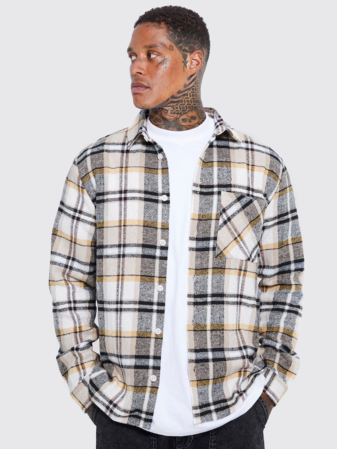 

boohooMAN Flannel Checked Shacket, Off white