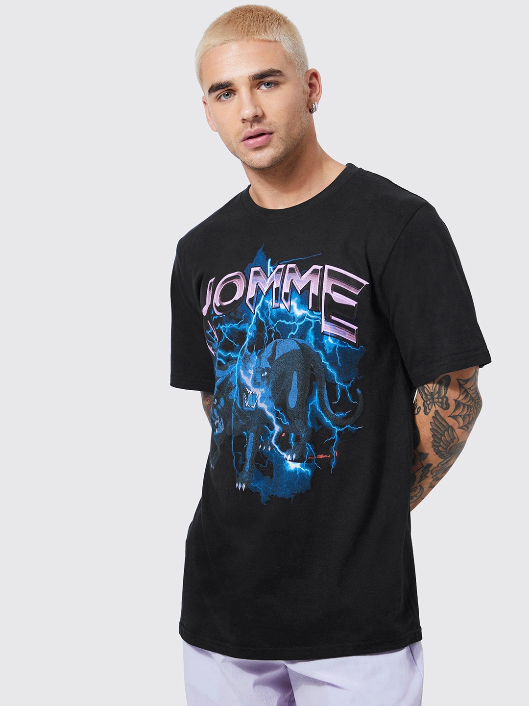

boohooMAN Graphic Printed Pure Cotton T-shirt, Navy blue