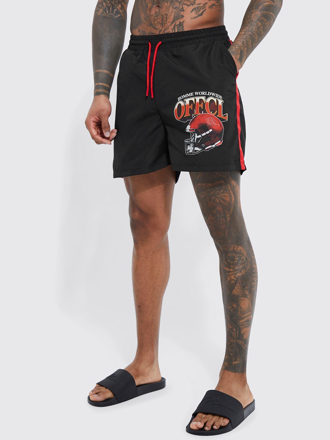 

boohooMAN Graphic Printed Swim Shorts, Black