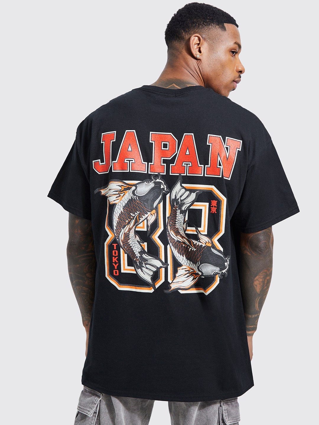 boohooMAN Printed Pure Cotton Oversized T-shirt, Black
