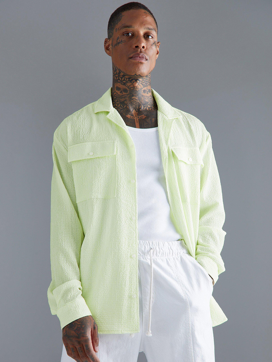 

boohooMAN Oversized Seersucker Shirt, Green