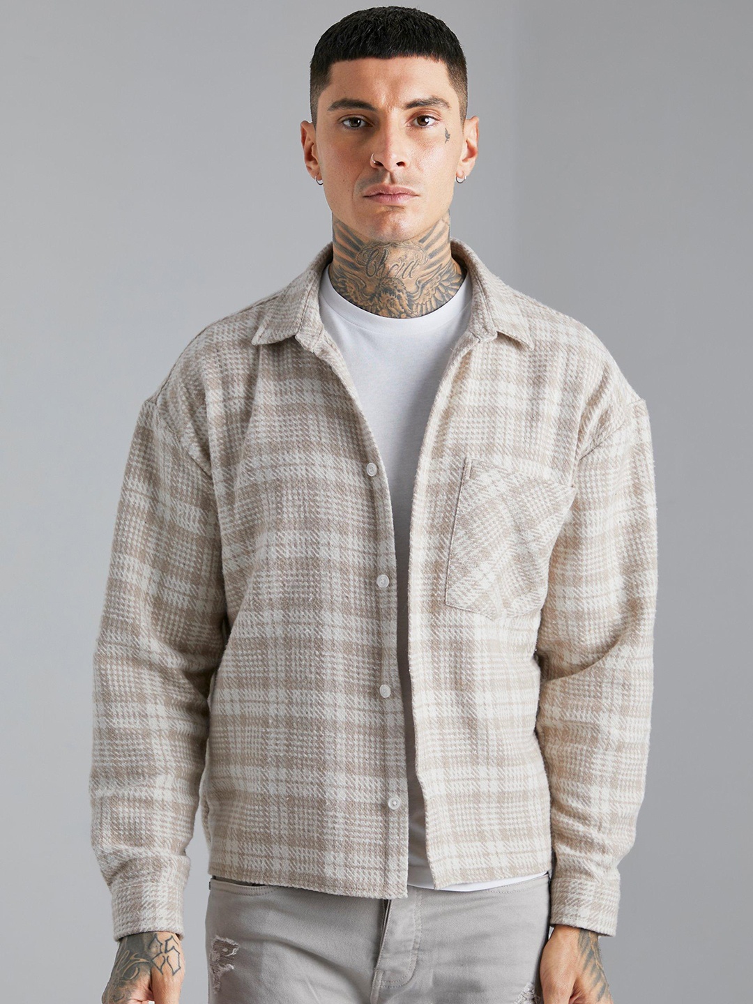 

boohooMAN Men Beige Boxy Tartan Checks Opaque Checked Casual Shirt
