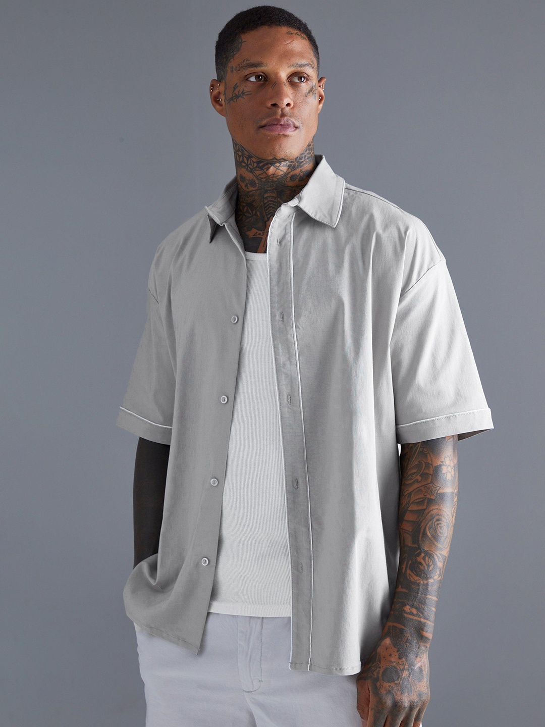 boohooMAN Short Sleeves Oversized Boxy Fit Drop Shoulder Shirt, Grey