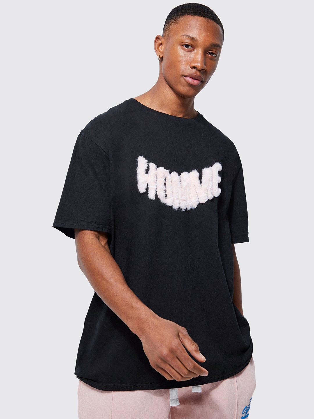 

boohooMAN Pure Cotton Applique Detail Oversized T-shirt, Black