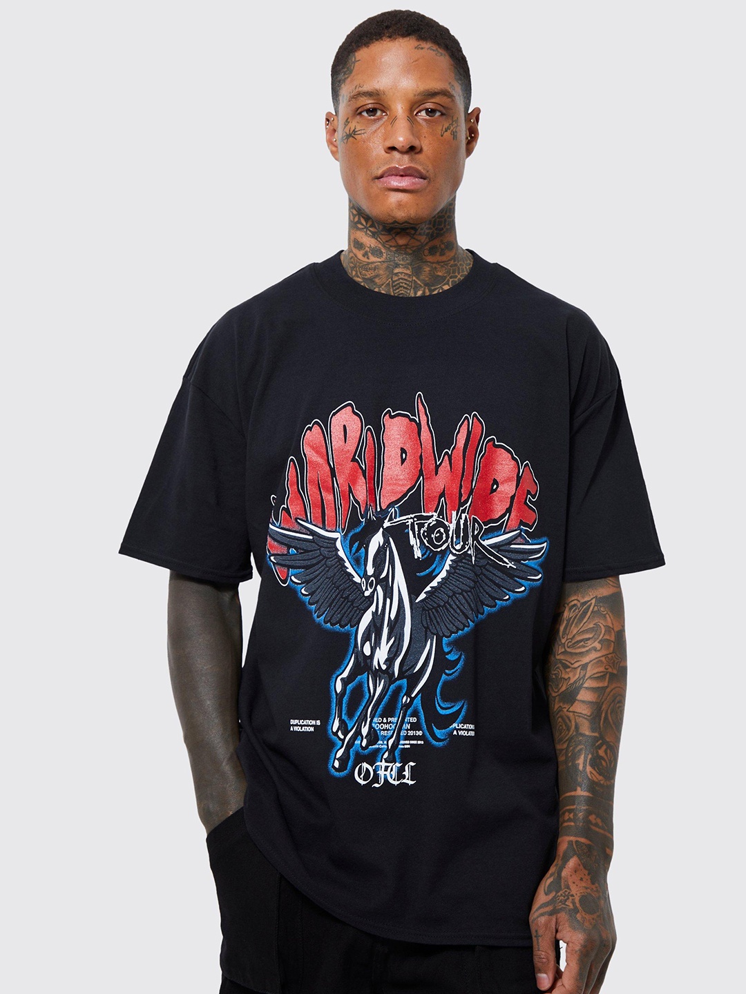 

boohooMAN Printed Drop-Shoulder Sleeves Pure Cotton Oversized T-shirt, Black