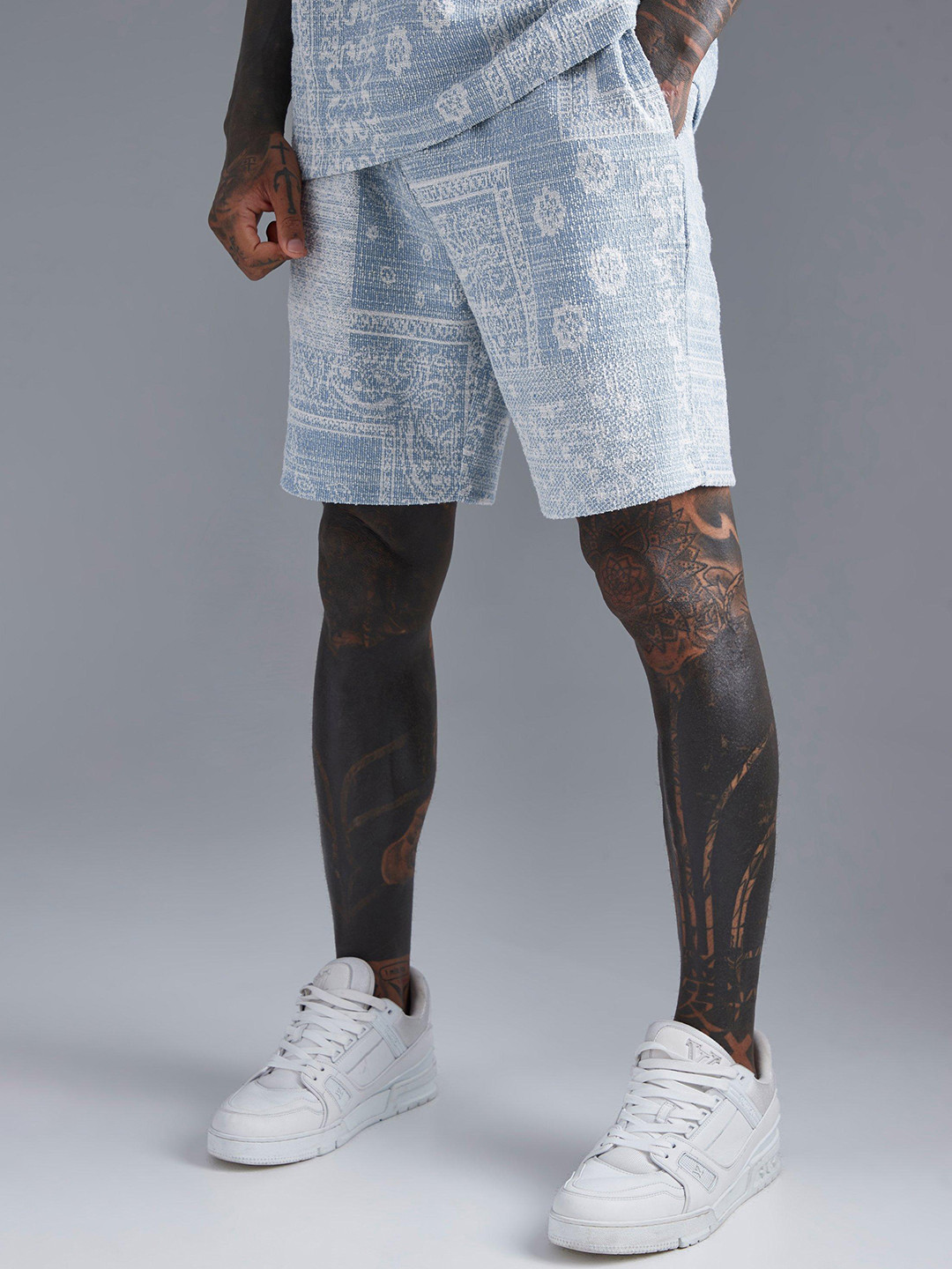 

boohooMAN Self Design Jacquard Bandana Relax Shorts, Blue